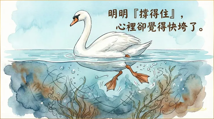 圖說： 所謂「鴨子划水」或「Duck Syndrome」：水面上看似平靜，水面下卻持續用力維持表現。常見於高成就者的長期緊繃與費力代償。