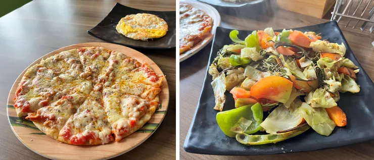 第一天晚餐我們點了pizza和炒蔬菜