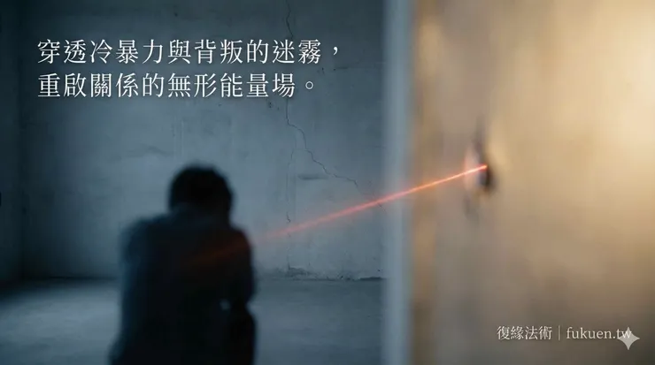 象徵感情冷暴力與溝通僵局的畫面，一道溫暖的能量光束穿透迷霧，代表透過能量修復關係的希望。