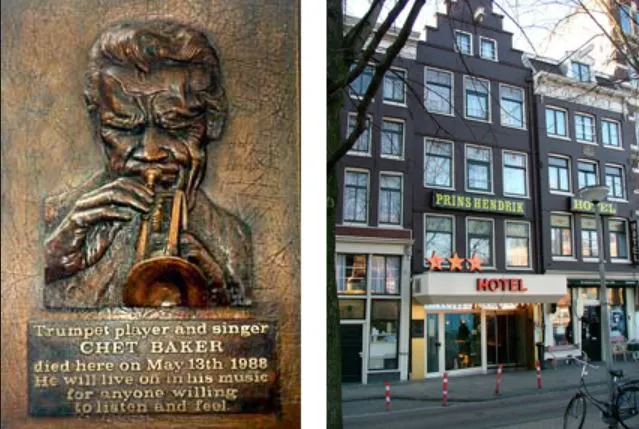 圖右是爵士喇叭手 Chet Baker 墮樓死亡的 Prins Hendrik 酒店，圖左是紀念他的刻碑