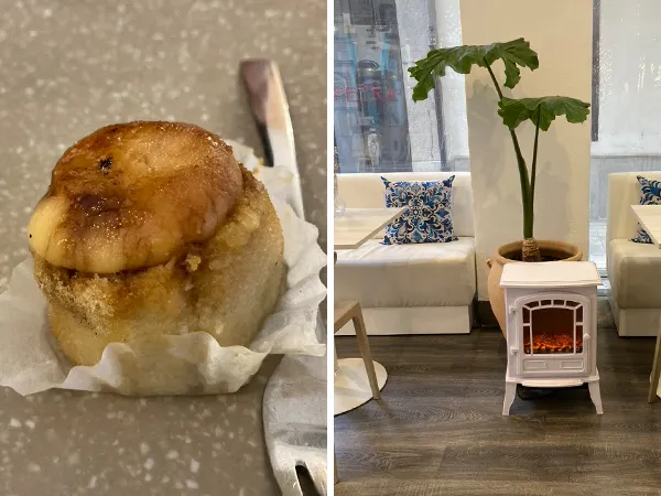 (左)軟綿綿的格拉納達特色甜點Pionono (右)店內舒適的裝潢和戶外小暖爐