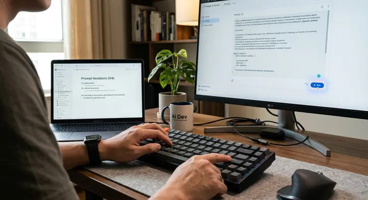 梁练伟在Google AI Studio中调试提示词并运行模型，优化AI输出效果