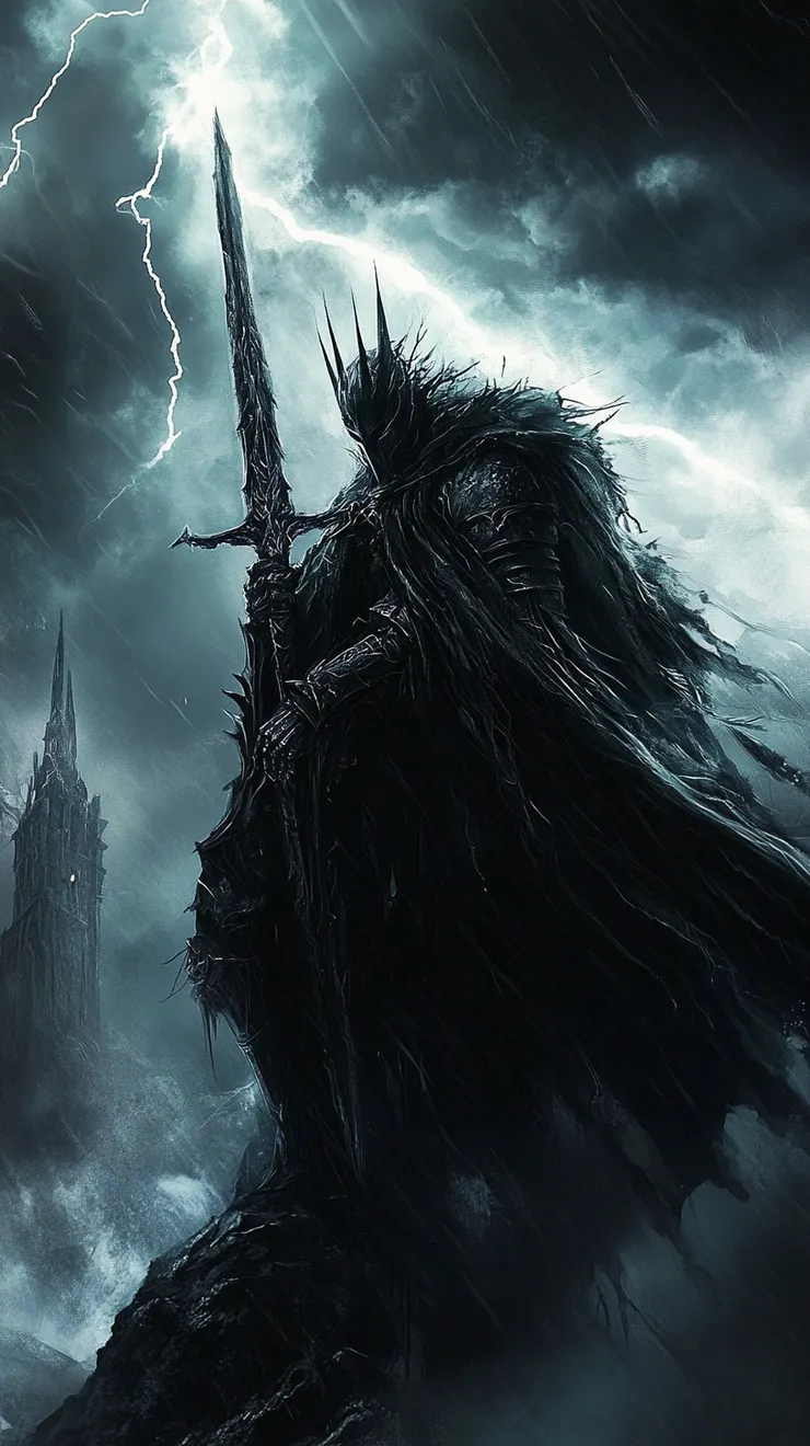 The Nameless King riding the King of the Storm, amidst a tempestuous storm of lightning and wind