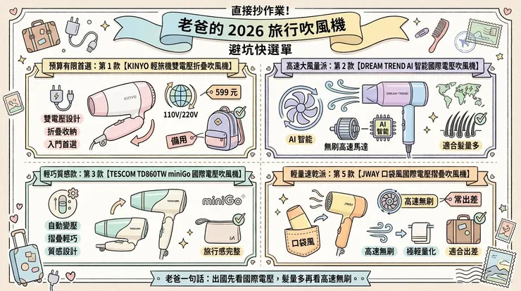 直接抄作業！老爸的 2026 旅行吹風機 避坑快選單