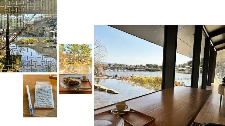 美術館的池水近景，能與遠景桂川連成一線。