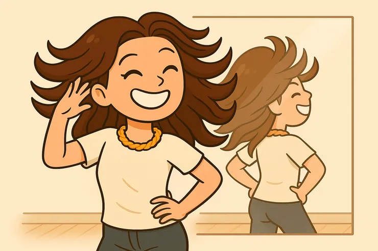 那時候的我超愛甩頭髮，還特地研究要怎麼甩才好看。鏡子裡的我，一臉認真，好像在為自己的偶包開發新招式。現在想起來真的好笑～偷偷爆料，其實有好幾次力道沒拿捏好，隔天脖子酸到不行！哈哈哈～結果甩頭竟然還變成了我的跳舞特色～偶包不偶包，至少甩得很有風格～XD