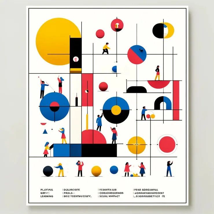 這是以 Bauhaus 為靈感設計的海報，呈現學生透過玩心學習與協作，創造出對社會有意義的成果。A Bauhaus-inspired poster design featuring students collaborating in a playful and creative environment. The composition includes geometric shapes like circles, triangles, and squares in primary colors (red, blue, yellow), along with modern, sans-serif typography. Students are depicted as abstract, simplified figures interacting with each other and colorful objects, symbolizing teamwork and meaningful social contributions. The background is minimalist, emphasizing structure and balance, with key phrases like 'Playful Learning' and 'Collaborative Impact' subtly incorporated.