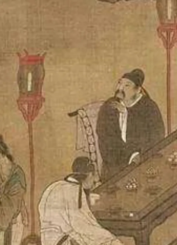 仇英《春夜宴桃李圖》中的撫鬚者