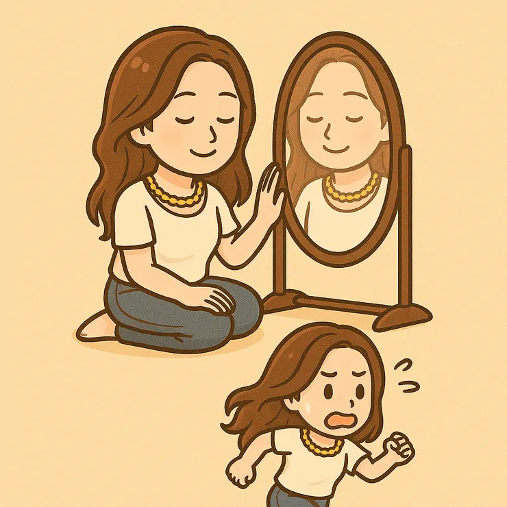 鏡子裡的我看起來溫柔多了……但欸!我還是會逃啊!!」 真實如她,逃跑的速度也不減可愛指數