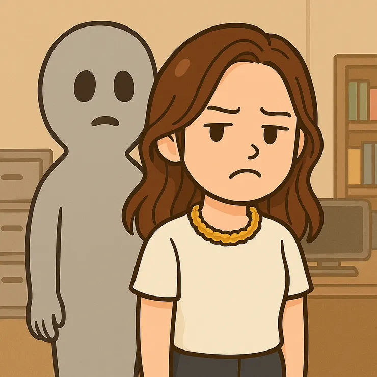 我內心真的吶喊： 「欸你可以不要一直盯著我嗎？你是在監工嗎？還是你是我靈魂界的上司？」 結果他一動也不動，還站得更直了， 我只好默默坐下來，開始打報告， 邊寫邊想：「好啦好啦，我寫還不行嗎？」