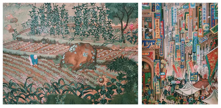 (左) 郭雪湖，《圓山附近》局部；(右) 郭雪湖，《南街殷賑》局部（photo:自己拍攝）