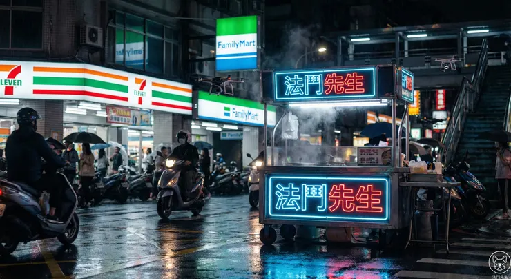 Gemini 3 Banana Pro 實測：AI 繪圖精準生成繁體中文「法鬥先生」霓虹招牌，背景包含 7-11 與全家便利商店台灣街景。