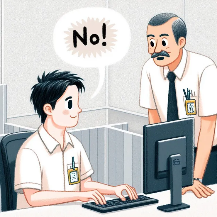 示意圖:長官問一個員工,你都不生氣嗎?員工微笑回答:No! (圖片來源:Copilot AI 生成圖)