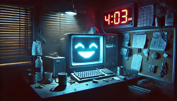 昏暗的房間裡,藍光終端機亮著一個閃爍的笑臉。