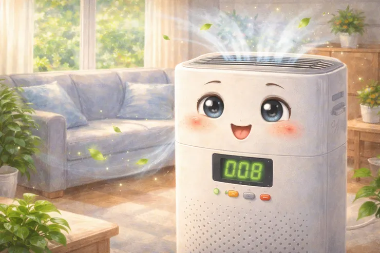 梁练伟家的空气净化器在客厅安静运作，表情温和，持续过滤空气中的异味与杂质