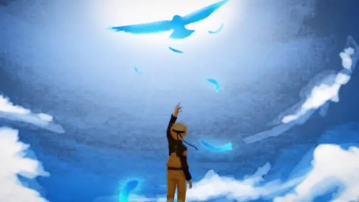 青鳥的寓意是「追尋自由，」而在火影的世界裡，鳴人追求的自由，其實是一種能脫離孤獨、被真正理解的愛。從忍者制度、家族命運、到內心的渴望，那些都是他想要超越的籠子。圖片來源自：火影忍者OP3-青鳥