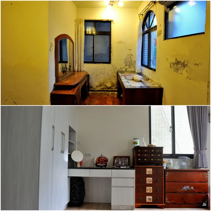 大破大立！二樓主臥北面，上昔下今。主要將主臥的衛浴打掉，房間格局更為寬宏。