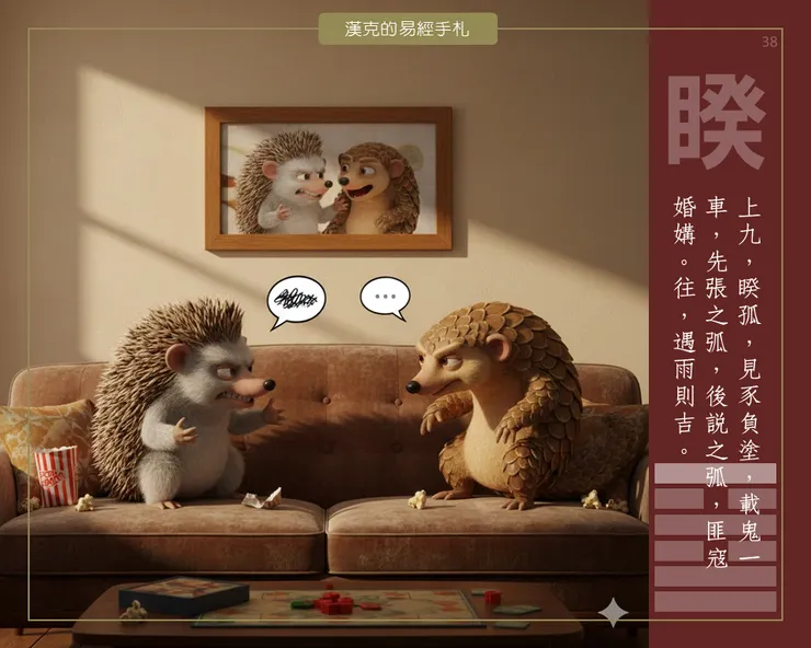 睽卦上九的心路歷程～把人看成鬼→拉弓備戰→放下武器→發現不是敵人，而是緣分→一場雨化解誤會。這樣的轉折，你會想到哪一部電影？  （漢克設計，AI生成圖）