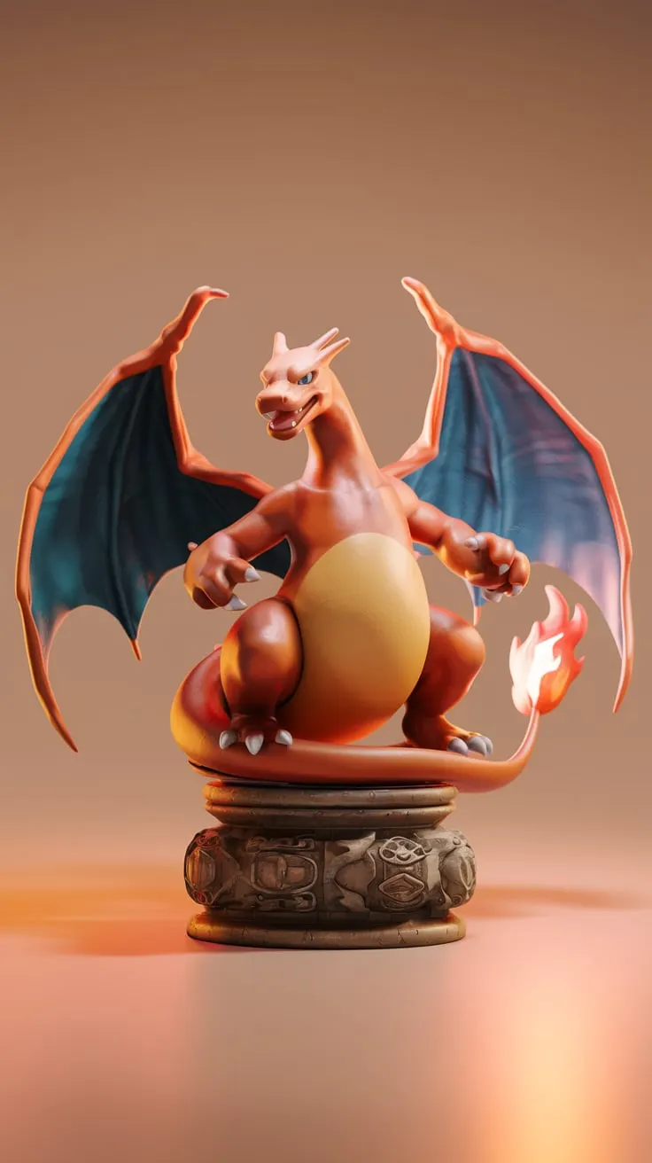 A 3D render of a Charizard pokemon chess figure with a base. The Charizard is sitting on a blank background.
