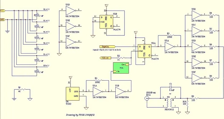 TCXO-PLL-Reclock-DSIX 電路圖(編註:修改 PE65612 接腳。另外,若安裝脈衝變壓器,C1 可放在 PE65612 之前,避免 PE65612 磁飽和,聲音表現會好很多)