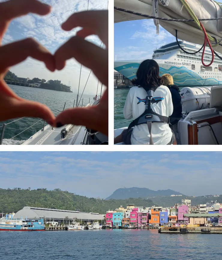 左上：駛進港口時；右上：在港口內看到另一艘巨大的spirit號；下：五顏六色的小房子