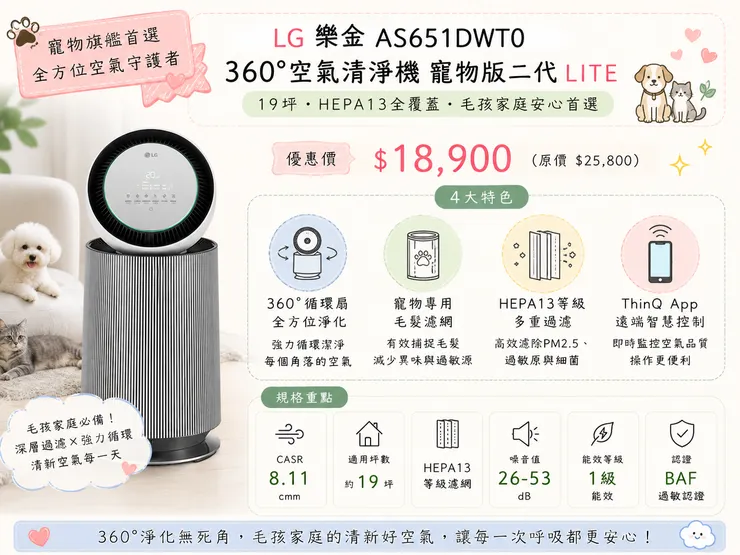 2026 LG 樂金 AS651DWTO 360°空氣清淨機 寵物版推薦｜$18,900 19坪 HEPA13 毛孩家庭首選，360°循環除毛屑異味，ThinQ App智慧控制