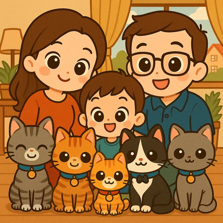 人物五官比例誇張，大眼小嘴圓臉、身體比例小巧，營造出童趣與親和力。