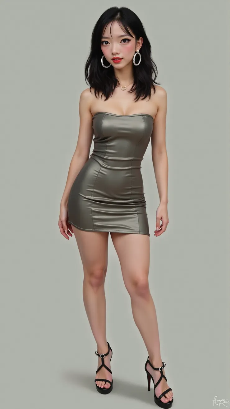 Strapless metallic mini dress, hoop earrings, platform heels( 無肩帶金屬色迷你禮服，大圈耳環，厚底高跟鞋 )