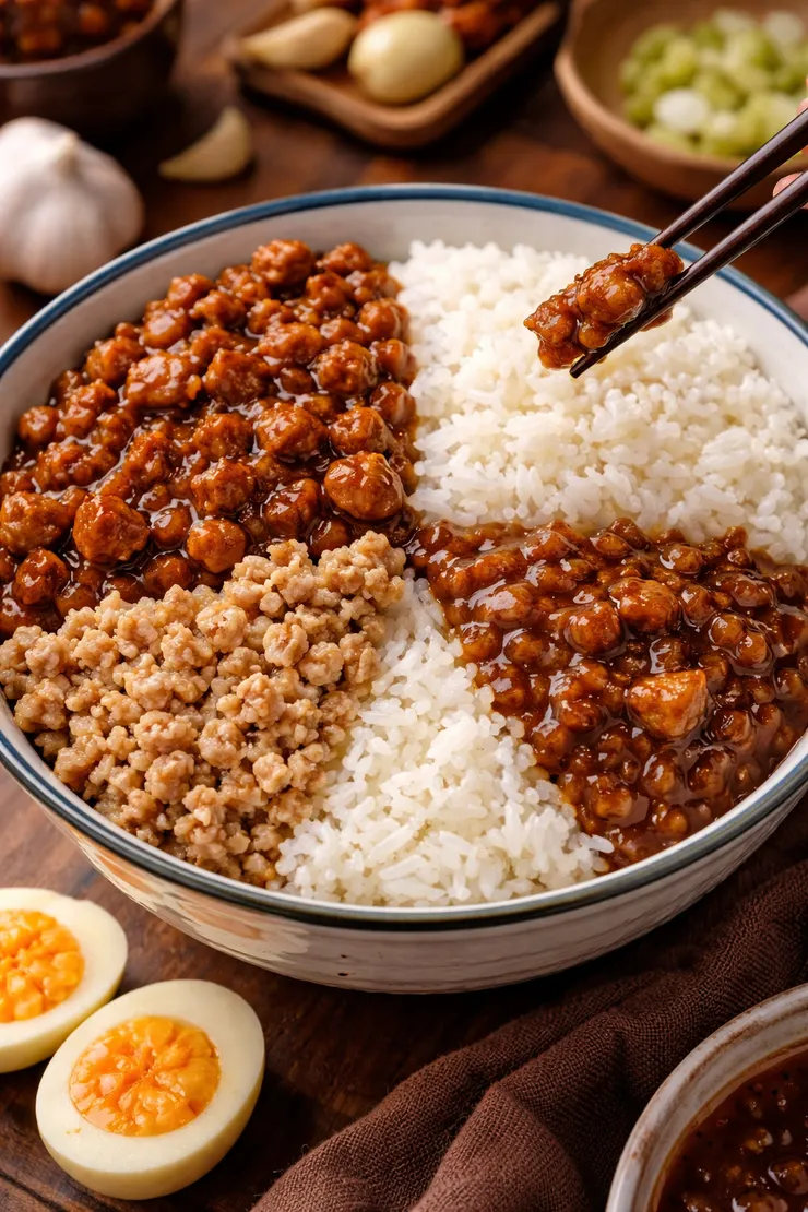 一碗絞肉和白米飯都分開的滷肉飯，旁邊有顆切成兩半的白煮蛋。