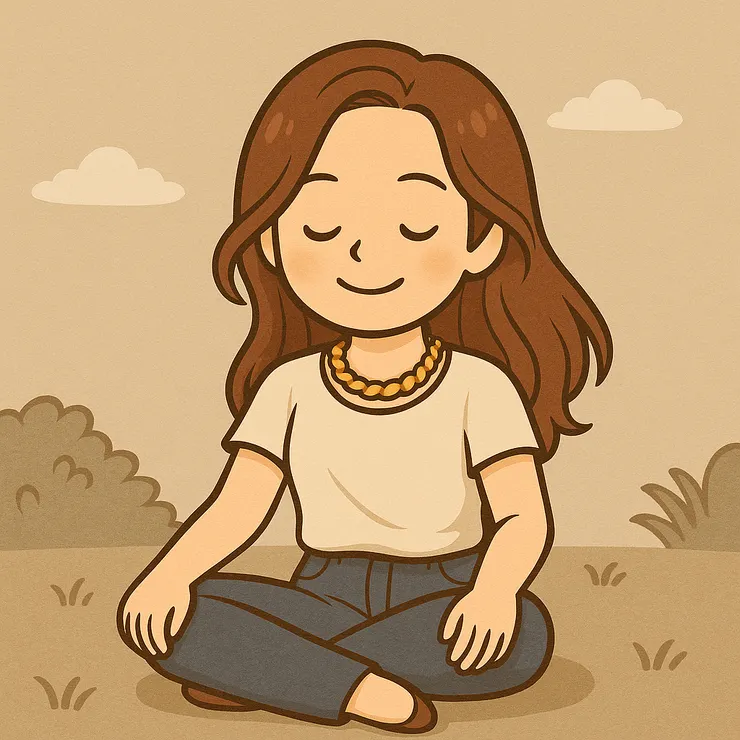 我沒有變成光鮮閃亮的修行人， 只是慢慢變成能安靜坐著、願意陪自己好好活的人。  這張圖，是我對「平凡卻真實地活著」的樣子。 不是神聖、不是完美，只是一個剛哭完又笑完的我， 坐在陽光底下，靜靜地陪著自己，聽見—蟲鳴也不吵，風聲也不急。