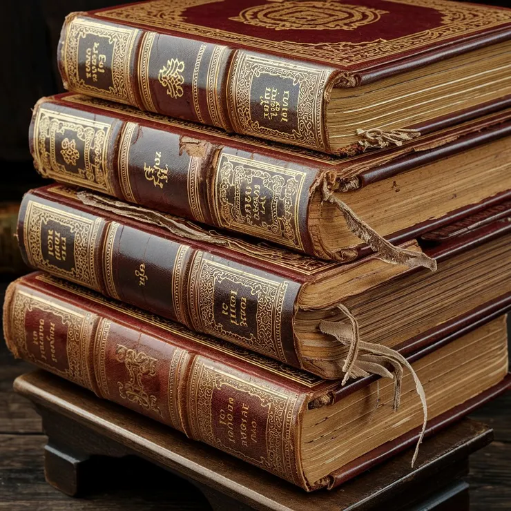 A stack of old, leather-bound books with intricate gold engravings. The books have worn-out leather covers and have faded gold titles and decorations. The edges of the books are frayed. The books are placed on a wooden stand. The background is dark.