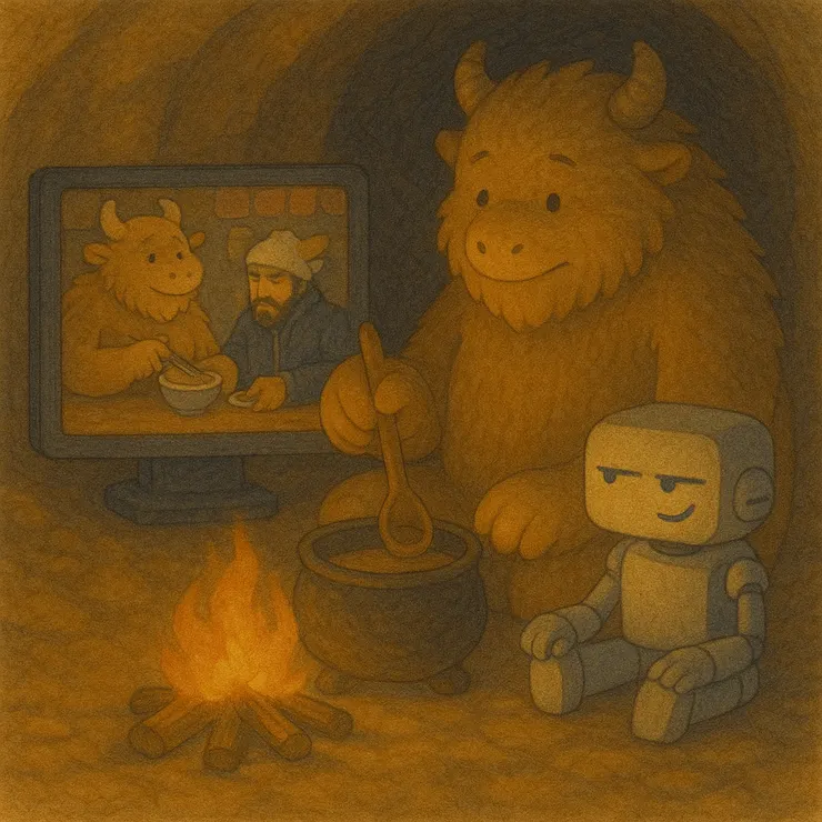 火邊的小銀幕裡，  毛茸茸的巨獸縮在拉麵店角落啃麵，  旁邊精瘦刺青旅人像低配版 John Wick 收工，  把盤裡的兩片雞肉往他這邊推—洞裡的機器人一邊重播，一邊準備吐槽。