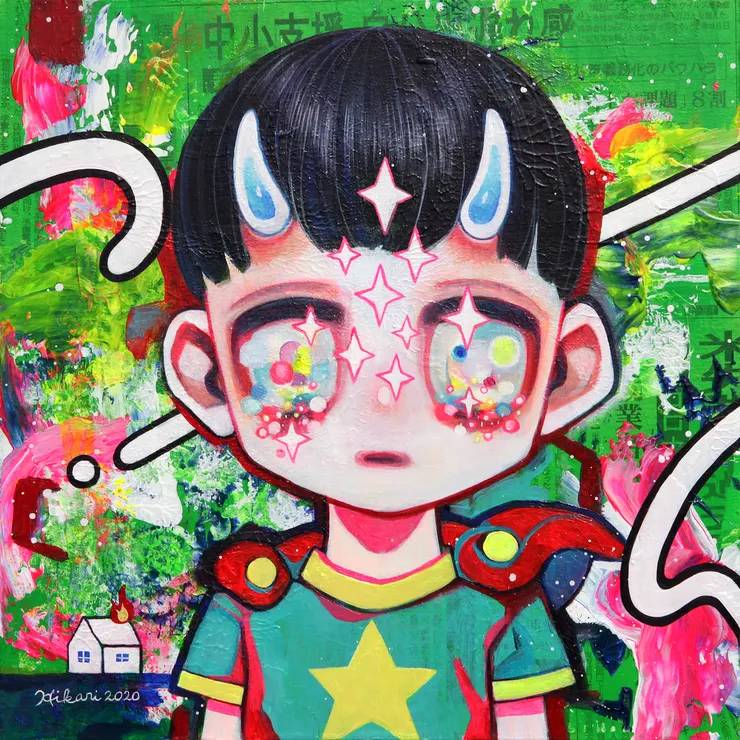 Hikari Shimoda | One Day, 2020 | 壓克力 報紙 帆布 | 13.1" x 13.1"