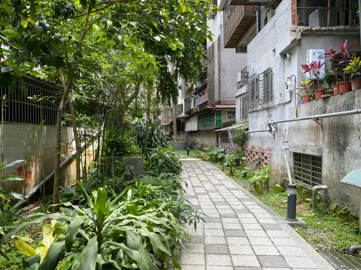 公寓後巷整理成美麗的綠廊道，萬盛溪在腳下蜿蜒流過。