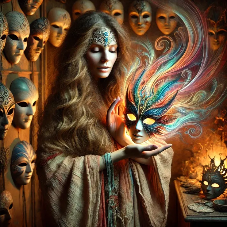 In their hands was a mask unlike any Jane had ever seen - its hues vivid yet blurred, its contours alive with contradictions. The mask seemed to shift under the flickering light, revealing glimpses of joy, despair, confidence, and doubt.