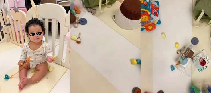 當然我覺得很難避免如果吃點心的時候弄髒地墊，用抹布沾肥皂水或濕紙巾擦拭就都可以擦得很乾淨了！