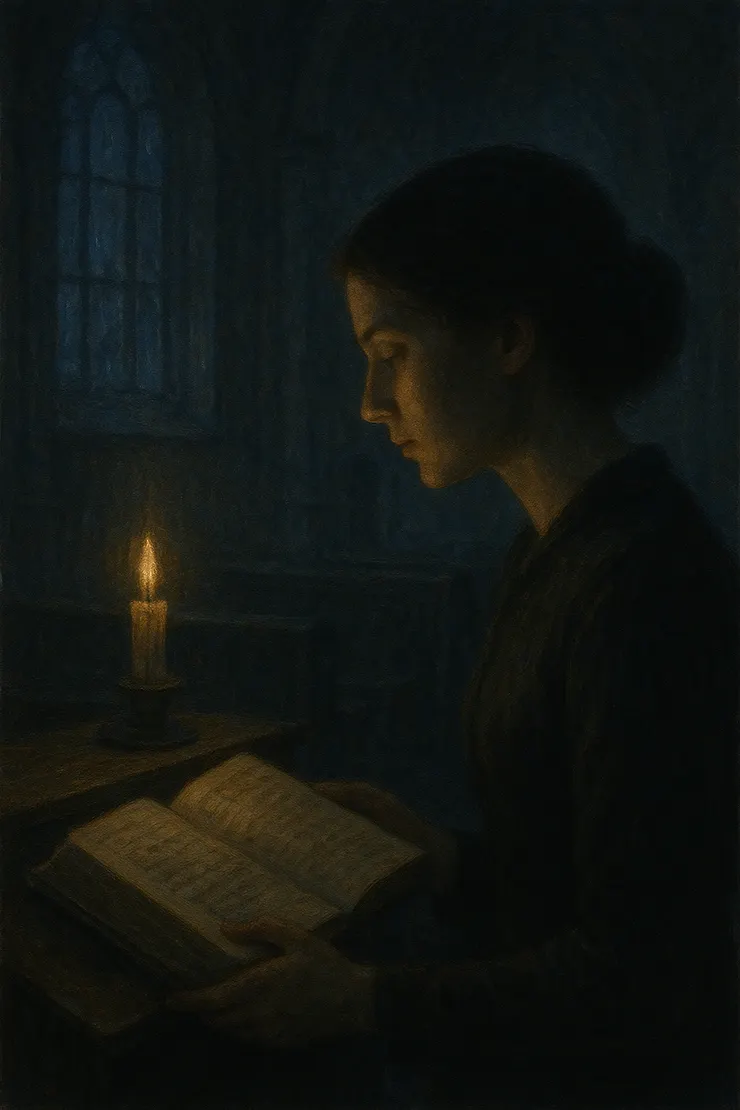 發黃的祈禱頁放在祭台上,她低頭閱讀,孤獨與懺悔交織。〈本章節插圖示意圖由AI協助生成。〉
