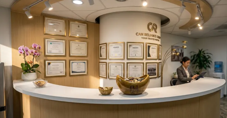 兆鉅富商務中心接待櫃台與企業證書牆，展現專業商務服務與公司登記支援形象