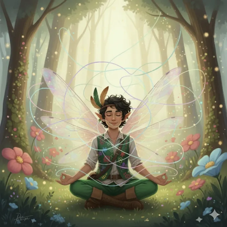 主角在一個寧靜的、充滿柔和光線的奇幻森林中，閉著雙眼，彷彿處於冥想狀態。在他的周圍，原本雜亂無章、色彩各異的線條正在慢慢地、自動地梳理開來，每一條線都找到了自己的方向，形成優雅的曲線。