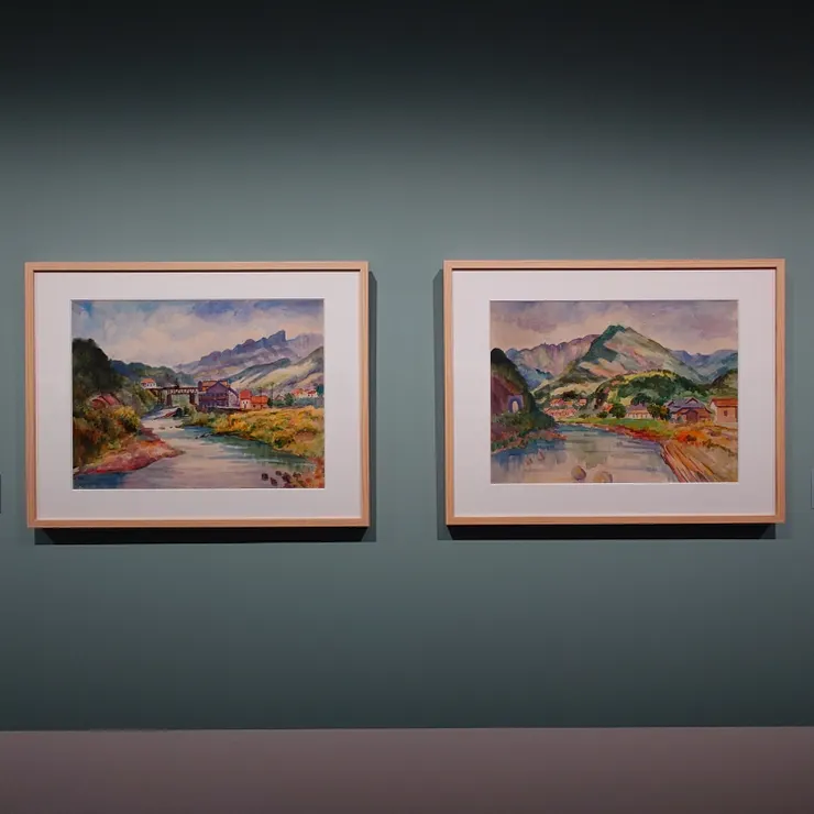 左為 〈猴硐礦區〉，完成於1928年；右為〈猴硐隧道〉，完成時間與左相同。