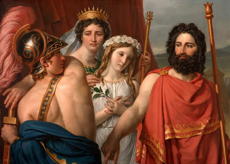 阿基里斯的憤怒，Jacques-Louis David。左到右：Achilles, Clytemnestra, Iphigenia, Agamemnon
