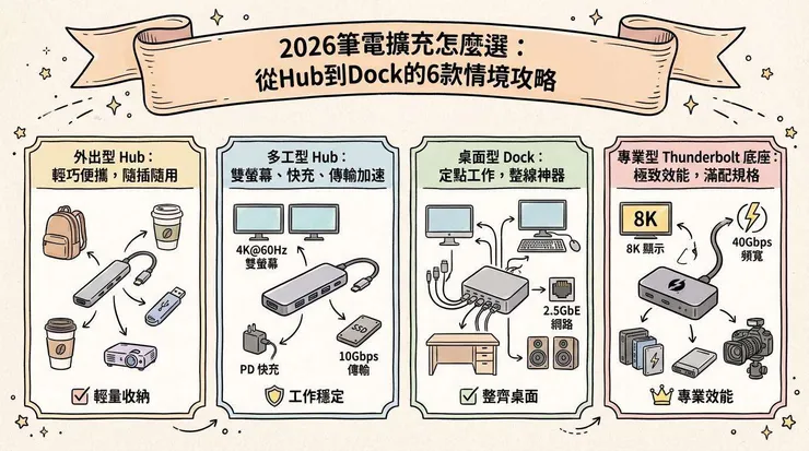2026筆電擴充怎麼選|從Hub到Dock的6款情境攻略,孔位救星一次看 🔌