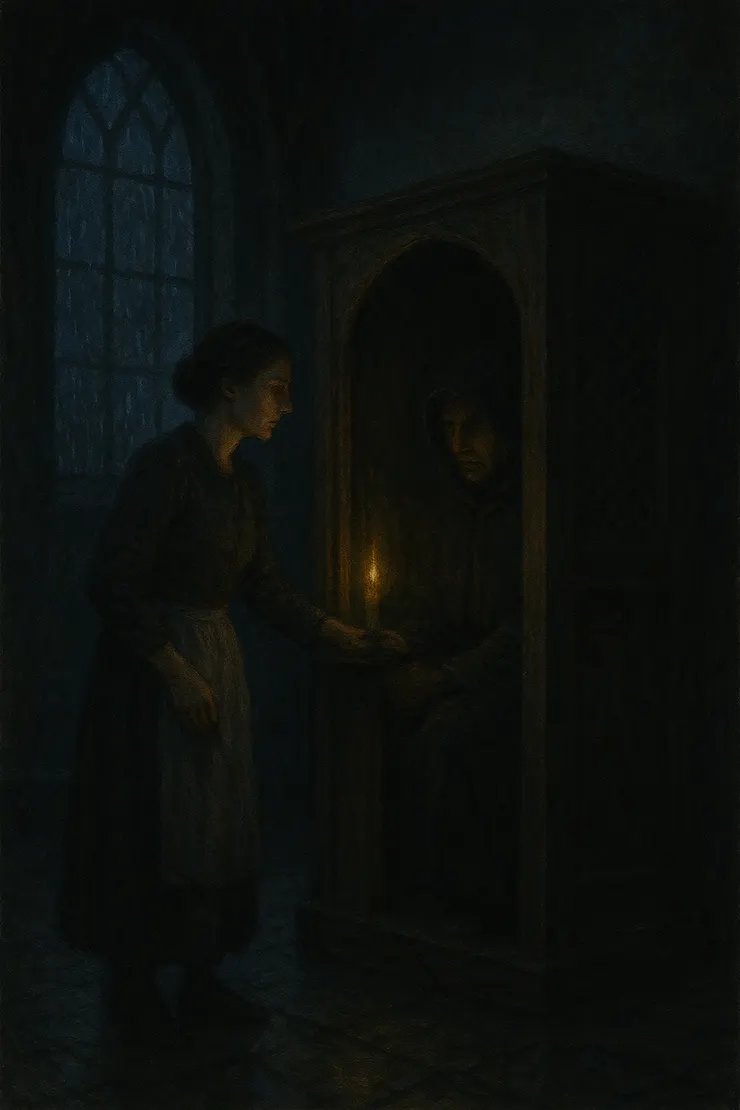 雨夜庇護所內,她藏住他,燭光拉長陰影,緊張而曖昧。〈本章節插圖示意圖由AI協助生成。〉