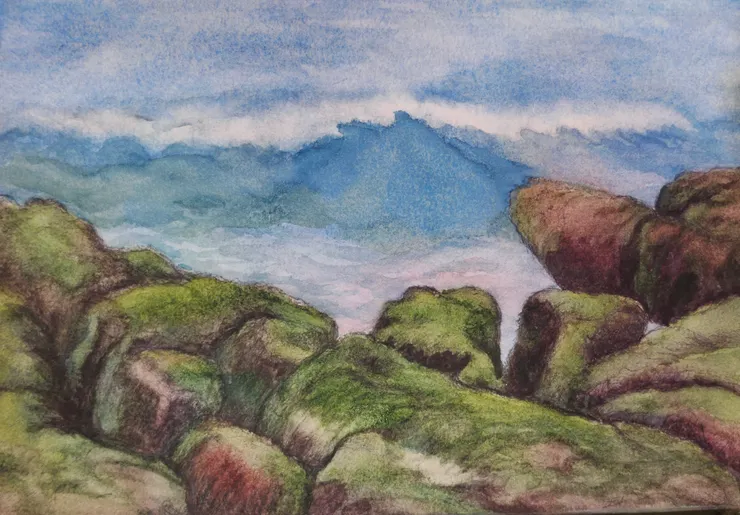 老梅綠石槽，八開，代針筆+水彩。老師說，這幅畫有塞尚的畫風，還問我知不知道他是谁？於是趕緊去Google一下。