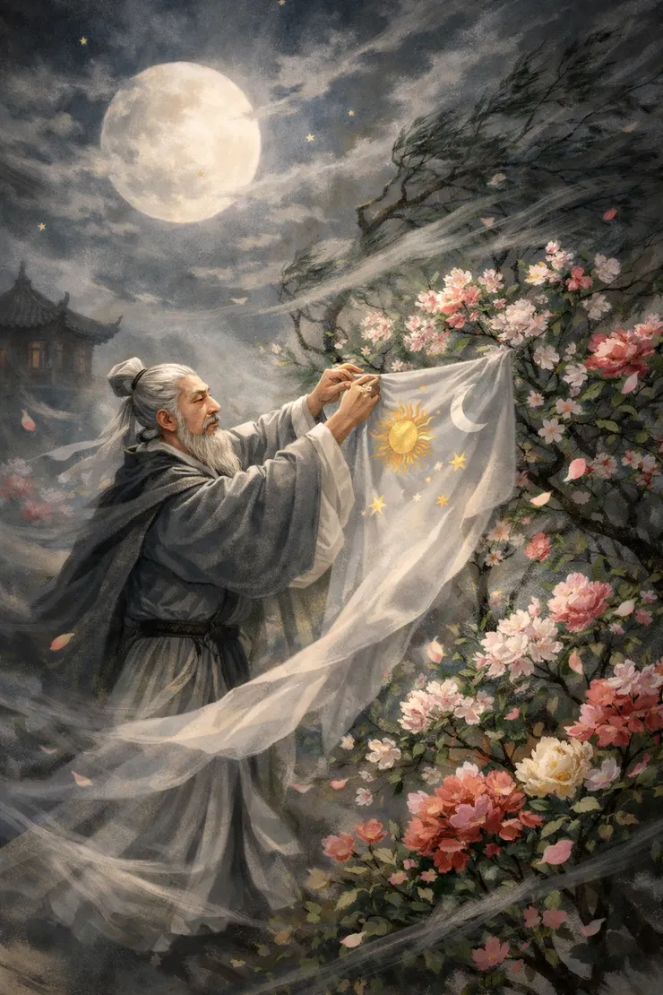 崔玄微懸綵護花，ChatGPT繪圖示意