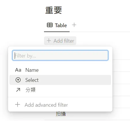 選擇要過濾的欄位