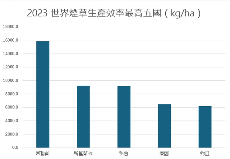 2023世界煙草生產效率最高五國。資料來源FAO