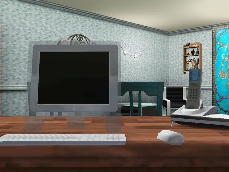 坐在麥可的辦公桌前，等下用他的電腦。