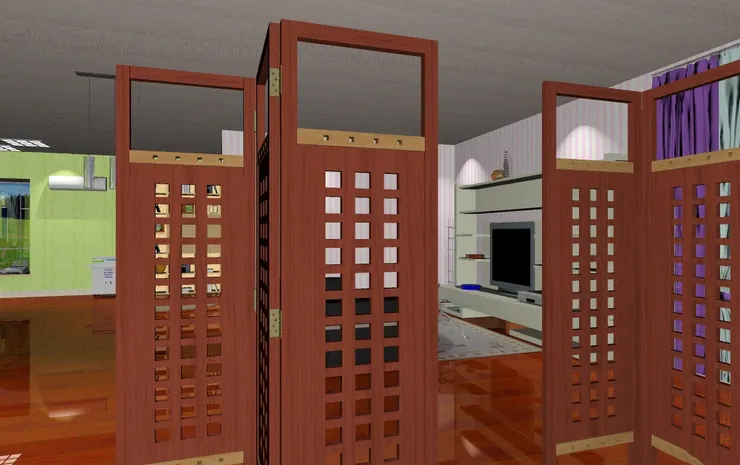 我很喜歡屏風因為一來不會像牆那樣固定，可以因需求而搬動，二來有些屏風像這個有洞，略帶通透，跟其他空間依然有關系，也不會太正式，三來也是個好看的擺設。