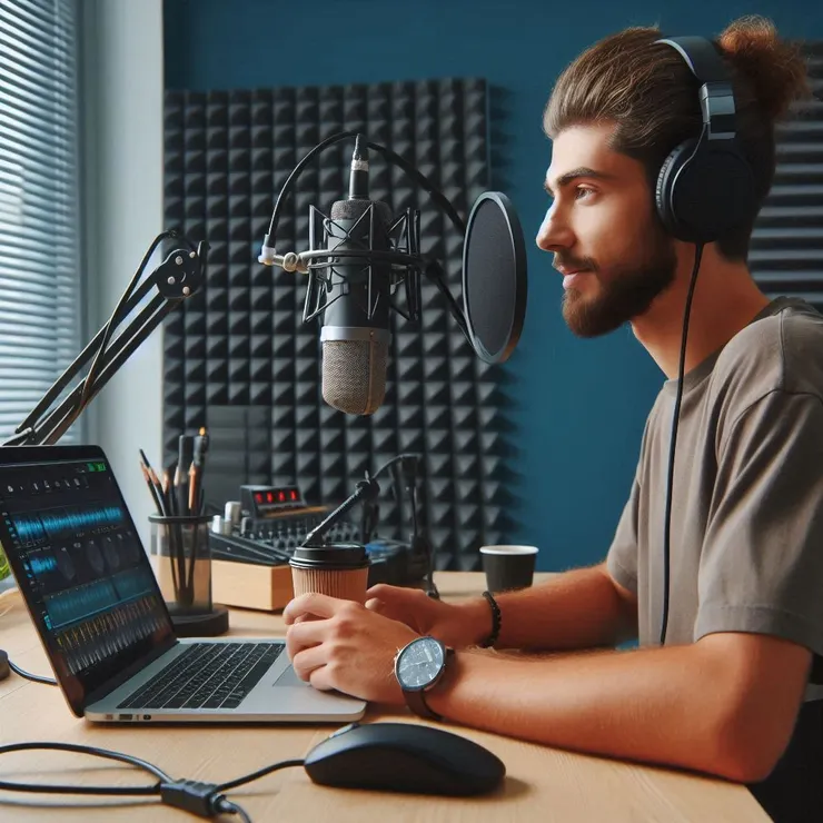 播客主持人在錄音室工作